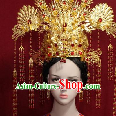 Traditional Chinese Ancient Queen Golden Phoenix Coronet Handmade Hair Jewelry Tassel Hairpins Hair Accessories Complete Set