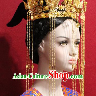 Traditional Chinese Ancient Queen Golden Tassel Phoenix Coronet Handmade Hair Jewelry Hairpins Hair Accessories Complete Set