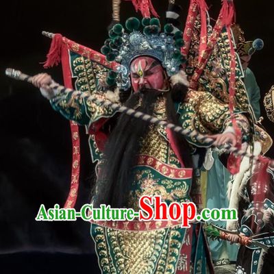 Shuang Ba Lang Chinese Sichuan Opera General Yang Jiye Apparels Costumes and Headpieces Peking Opera Painted Role Garment Green Kao Clothing with Flags