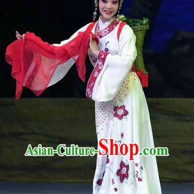 Chinese Beijing Opera Diva Lin Moniang Apparels Costumes and Headpieces Traditional Peking Opera Ma Zu Village Girl White Dress Garment
