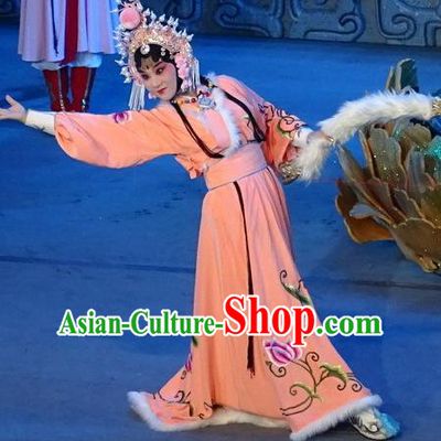 Chinese Sichuan Opera Young Lady Garment Costumes and Hair Accessories Qing Yun Palace Traditional Peking Opera Xiaodan Jin Yue E Orange Dress Apparels