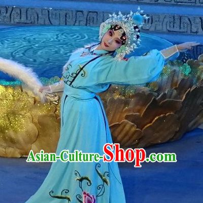 Chinese Sichuan Opera Young Lady Garment Costumes and Hair Accessories Qing Yun Palace Traditional Peking Opera Xiaodan Miao Jinhua Blue Dress Apparels