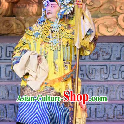 Chinese Sichuan Opera Empress Dowager Garment Costumes and Hair Accessories Qing Yun Palace Traditional Peking Opera Elderly Female Dress Pantaloon Apparels