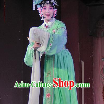 Chinese Sichuan Opera Diva Wang Ruilan Garment Costumes and Hair Accessories Shuang Bai Yue Traditional Peking Opera Actress Green Dress Hua Tan Apparels