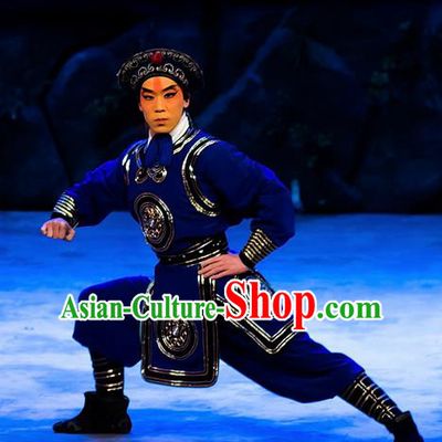 Mrs Anguo Chinese Peking Opera Wusheng Blue Garment Costumes and Headwear Beijing Opera Martial Male Apparels Takefu Clothing