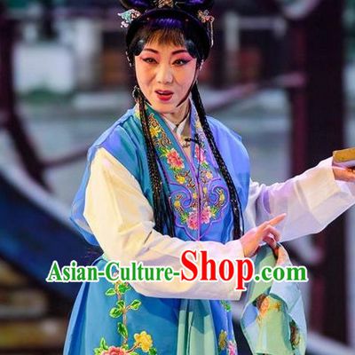 Chinese Sichuan Opera Servant Girl Garment Costumes and Hair Accessories He Zhu Pei Traditional Peking Opera Maid Lady He Zhu Dress Xiaodan Apparels