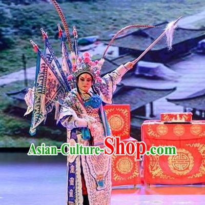 Yuan Men Zhan Zi Chinese Sichuan Opera General Yang Zongbao Apparels Costumes and Headpieces Peking Opera Military Officer Garment Kao Clothing with Flags