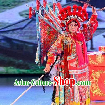 Chinese Sichuan Opera Tao Ma Tan Garment Costumes and Hair Accessories Yuan Men Zhan Zi Traditional Peking Opera Blues Mu Guiying Dress Apparels with Flags