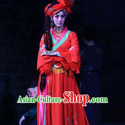 Chinese Beijing Opera Young Lady Red Apparels Costumes and Headpieces Traditional Peking Opera Love Bell Tower Hua Tan Ai Liya Dress Garment
