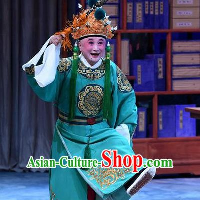 Zhu Lianxiu Chinese Peking Opera Elderly Man Garment Costumes and Headwear Beijing Opera Eunuch Apparels Green Clothing