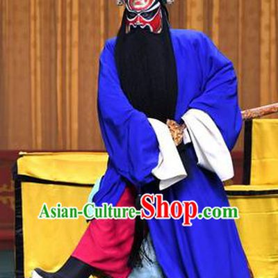 Xiangmei Temple Chinese Peking Opera Elderly Male Garment Costumes and Headwear Beijing Opera Laosheng Huang Chao Apparels Blue Robe Clothing