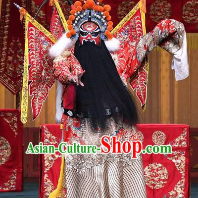 Xiangmei Temple Chinese Peking Opera Martial Male Huang Chao Garment Costumes and Headwear Beijing Opera General Red Kao Armor Suit with Flags Apparels Clothing