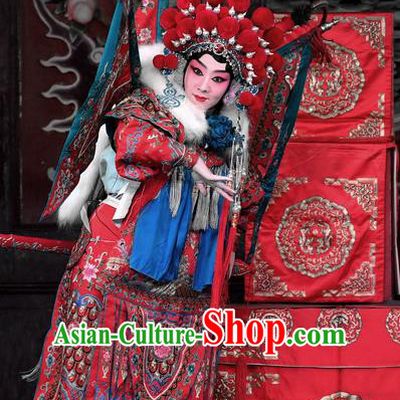 Chinese Beijing Opera Female General Red Kao Armor Suit with Flags Apparels Costumes and Headdress Hong Zong Lie Ma Traditional Peking Opera Princess Daizhan Dress Garment