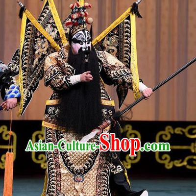 Changban Po Hanjin Kou Chinese Peking Opera General Zhang Fei Kao Armor Suit with Flags Garment Costumes and Headwear Beijing Opera Military Officer Apparels Clothing