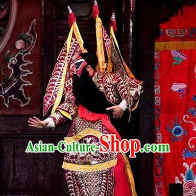 Ya Guan Tower Chinese Peking Opera Wusheng Garment Costumes and Headwear Beijing Opera General Kao Armor Suit with Flags Apparels Clothing