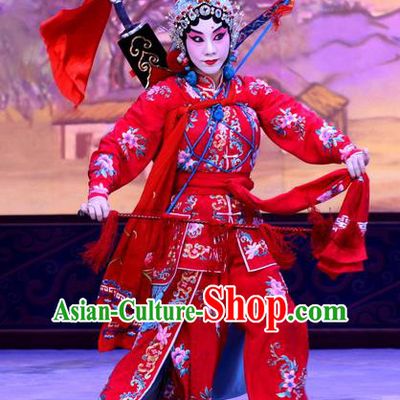 Chinese Beijing Opera Swordswoman Red Apparels Costumes and Headdress Sister Thirteen Traditional Peking Opera Hua Tan Dress He Yufeng Garment