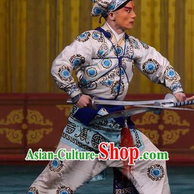 Yan Yang Tower Chinese Peking Opera Soldier Garment Costumes and Headwear Beijing Opera Takefu Apparels Martial Male White Clothing