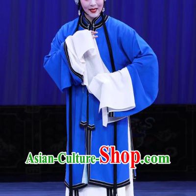 Chinese Beijing Opera Poor Woman Apparels Costumes and Headdress The Unicorn Purse Traditional Peking Opera Tsing Yi Blue Dress Han Xiangling Garment