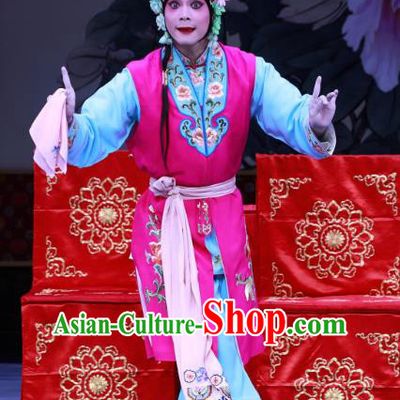 Chinese Beijing Opera Young Lady Apparels Costumes and Headdress The Unicorn Purse Traditional Peking Opera Servant Girl Mei Xiang Dress Garment