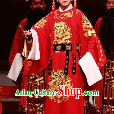 Zhen Guan Flourishing Age Chinese Peking Opera Emperor Li Shimin Garment Costumes and Headwear Beijing Opera Xiaosheng Apparels Young Male Red Clothing