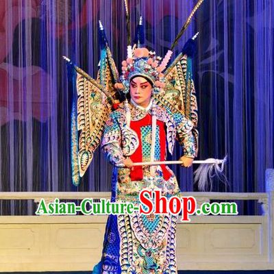 A Honey Trap Chinese Peking Opera Takefu Garment Costumes and Headwear Beijing Opera Martial Male Apparels General Zhou Yu Kao Armor Suit with Flags Clothing