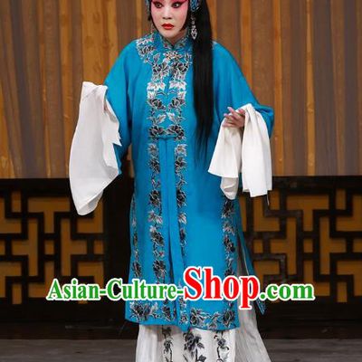 Chinese Beijing Opera Distress Woman Apparels Costumes and Headdress The Mirror of Fortune Traditional Peking Opera Tsing Yi Blue Dress Garment
