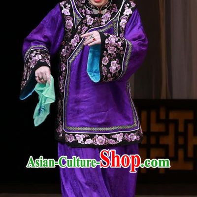 Chinese Beijing Opera Woman Matchmaker Apparels Costumes and Headdress The Mirror of Fortune Traditional Peking Opera Elderly Female Purple Dress Garment