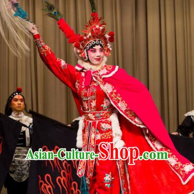 Chinese Beijing Opera Actress Apparels Costumes and Headdress Qing Shi Mountain Traditional Peking Opera Fairy Fox Red Dress Female Swordsman Garment