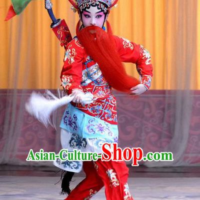 Chinese Beijing Opera Swordswoman Red Apparels Costumes and Headpieces Xin An Yi Traditional Peking Opera Martial Female Luo Yan Dress Garment