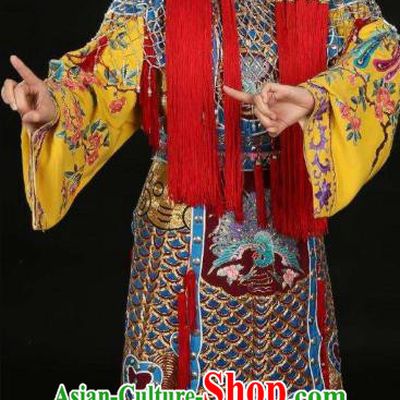 Chinese Beijing Opera Martial Female Apparels Costumes and Headdress Traditional Peking Opera Blues Princess Shuangyang Dress Garment