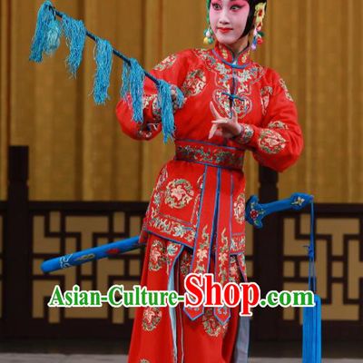 Chinese Beijing Opera Wu Dan Red Apparels Costumes and Headdress Traditional Peking Opera Princess Shuangyang Dress Martial Female Garment