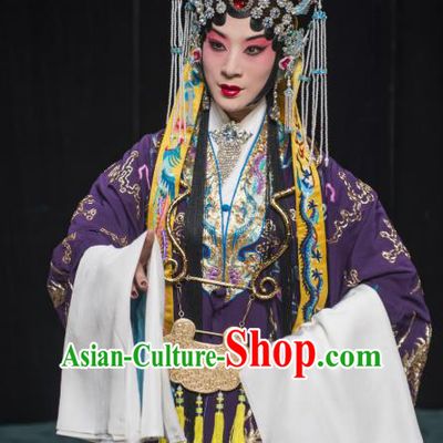 Chinese Beijing Opera Hua Tan Apparels Costumes and Headdress Anecdote of Wu Zetian Traditional Peking Opera Empress Purple Dress Queen Garment