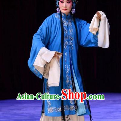 Chinese Beijing Opera Tsing Yi Blue Apparels Costumes and Headdress Tears of Wasted Mountain Traditional Peking Opera Distress Maiden Zhang Huizhu Dress Garment