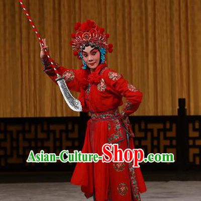 Chinese Beijing Opera Martial Female Apparels Costumes and Headdress Hongqiao with the Pearl Traditional Peking Opera Swordswoman Red Dress Garment