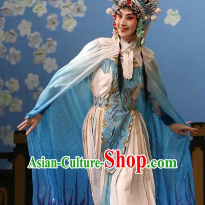 Chinese Beijing Opera Diva Goddess Ling Bo Apparels Costumes and Headdress Hongqiao with the Pearl Traditional Peking Opera Hua Tan White Dress Actress Garment