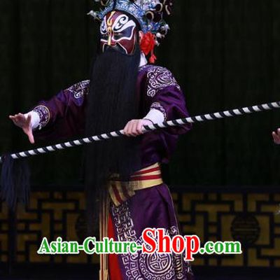 Kirin Pavilion Chinese Peking Opera Martial Male Garment Costumes and Headwear Beijing Opera Wusheng Apparels Swordsman Purple Clothing