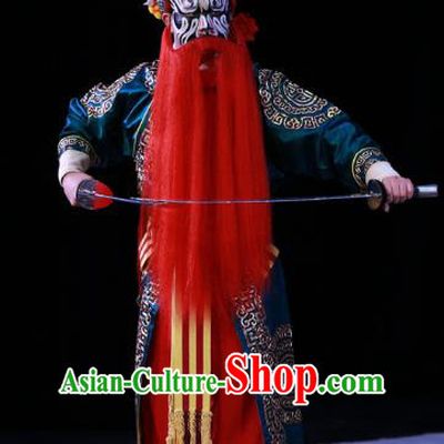 Kirin Pavilion Chinese Peking Opera Wusheng Martial Male Garment Costumes and Headwear Beijing Opera Apparels Swordsman Blue Clothing