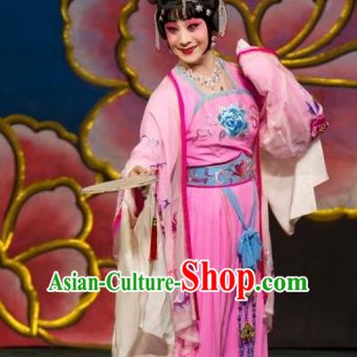 Chinese Beijing Opera Princess Apparels Young Lady Costumes and Headdress Luo Yang Gong Traditional Peking Opera Actress Pink Dress Garment