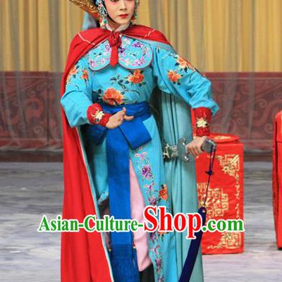 Chinese Beijing Opera Swordswoman Apparels Costumes and Headdress Kirin Pavilion Traditional Peking Opera Martial Female Blue Dress Diva Garment