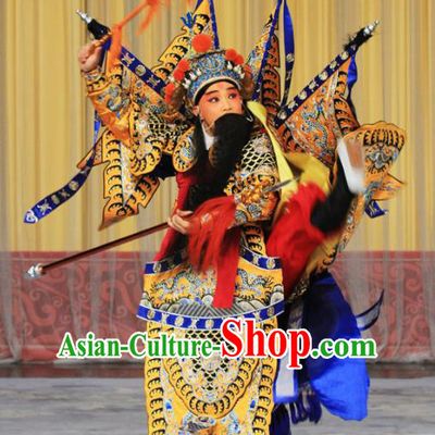 Kirin Pavilion Chinese Peking Opera General Armor Garment Costumes and Headwear Beijing Opera Takefu Apparels Kao Suit with Flags Clothing
