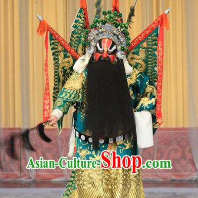 Kirin Pavilion Chinese Peking Opera General Cheng Yaojin Armor Garment Costumes and Headwear Beijing Opera Takefu Apparels Green Kao Suit with Flags Clothing