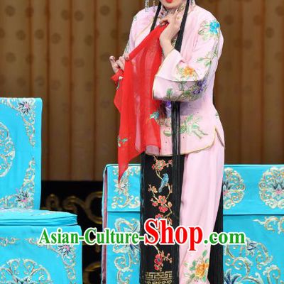 Chinese Beijing Opera Young Lady Pink Apparels Costumes and Headdress Wu Long Yuan Traditional Peking Opera Consort Yan Xijiao Dress Actress Garment