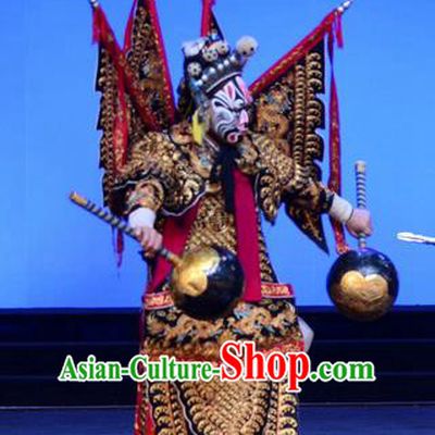 Ba Da Chui Chinese Peking Opera General Armor Garment Costumes and Headwear Beijing Opera Martial Male Apparels Takefu Yan Chengfang Kao with Flags Clothing
