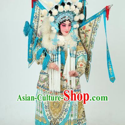 Chinese Beijing Opera Tao Ma Tan Apparels Costumes and Headdress Bai Hua Zeng Jian Traditional Peking Opera Blues Dress Princess Garment Kao Armor Suit with Flags