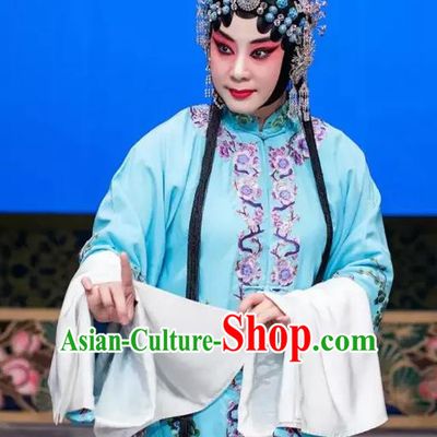 Chinese Beijing Opera Actress Young Female Apparels Costumes and Headdress Han Ming Fei Traditional Peking Opera Hua Tan Wang Zhaojun Blue Dress Garment