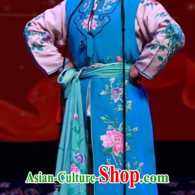 Chinese Shanxi Clapper Opera Xiaodan Garment Costumes and Headdress Qiu Sao Traditional Bangzi Opera Girl Blue Dress Young Lady Apparels