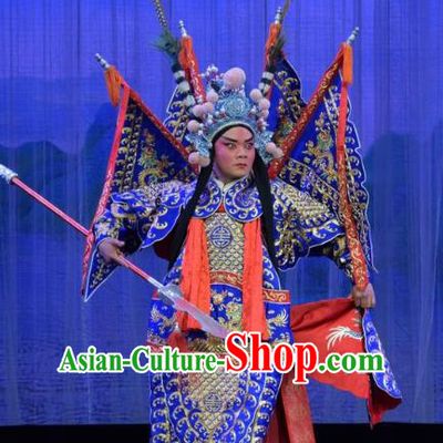 Li Hua Return Tang Chinese Shanxi Opera General Xue Dingshan Apparels Costumes and Headpieces Traditional Jin Opera Kao Garment Blue Armor Clothing with Flags