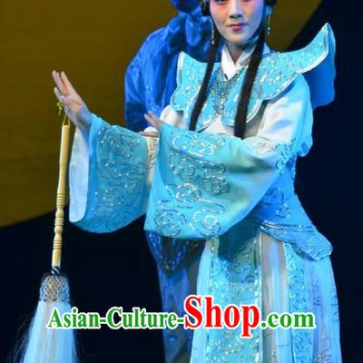 Chinese Hebei Clapper Opera Goddess Garment Costumes and Headdress The Legend of Tenjiku Traditional Bangzi Opera Actress Blue Dress Princess Apparels