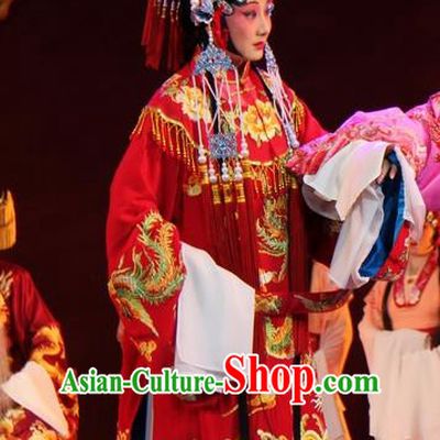 Chinese Jin Opera Bride Wedding Garment Costumes and Headdress Da Jin Zhi Traditional Shanxi Opera Hua Tan Red Dress Princess Shengping Apparels