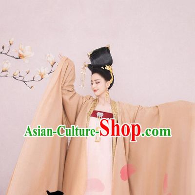 Chinese Tang Dynasty Court Lady Historical Costumes Traditional Dance Mang Zhong Apparels Ancient Imperial Consort Hanfu Dress and Headpieces Complete Set